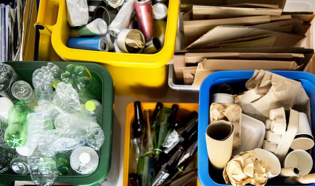 sorted recycling bins