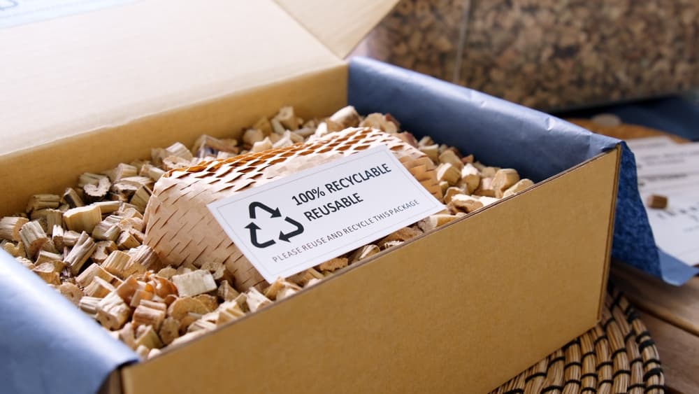 Product box with 100% recyclable reusable sign.